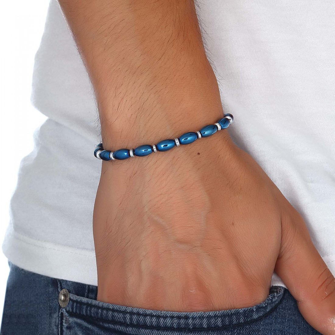 Arpa Kesim Mavi Ve Gümüş Hematit Doğal Taşlı Ayarlanabilir Çelik Zincir Bileklik