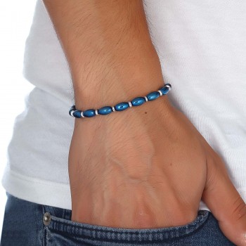 Arpa Kesim Mavi Ve Gümüş Hematit Doğal Taşlı Ayarlanabilir Çelik Zincir Bileklik