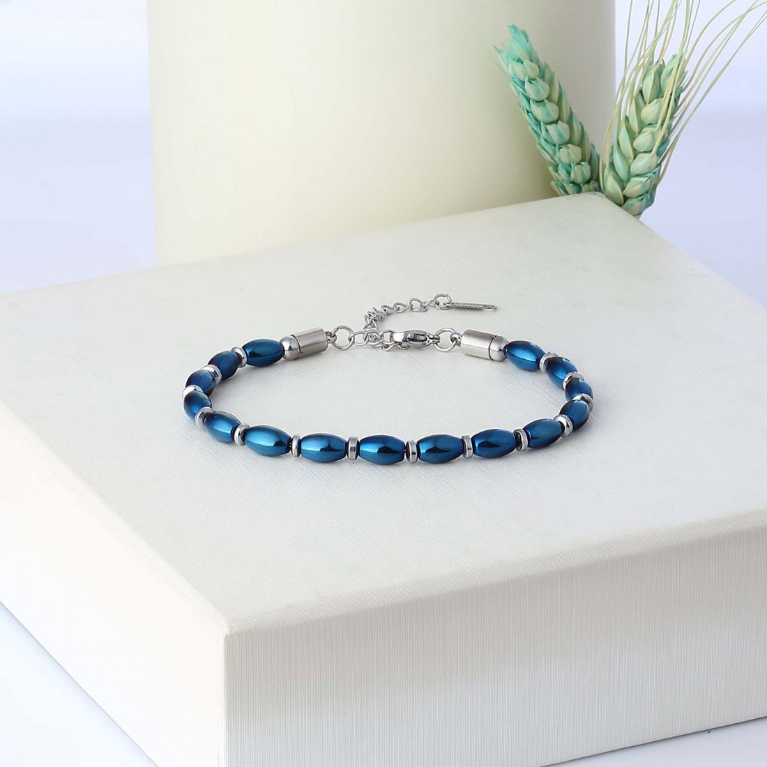 Arpa Kesim Mavi Ve Gümüş Hematit Doğal Taşlı Ayarlanabilir Çelik Zincir Bileklik