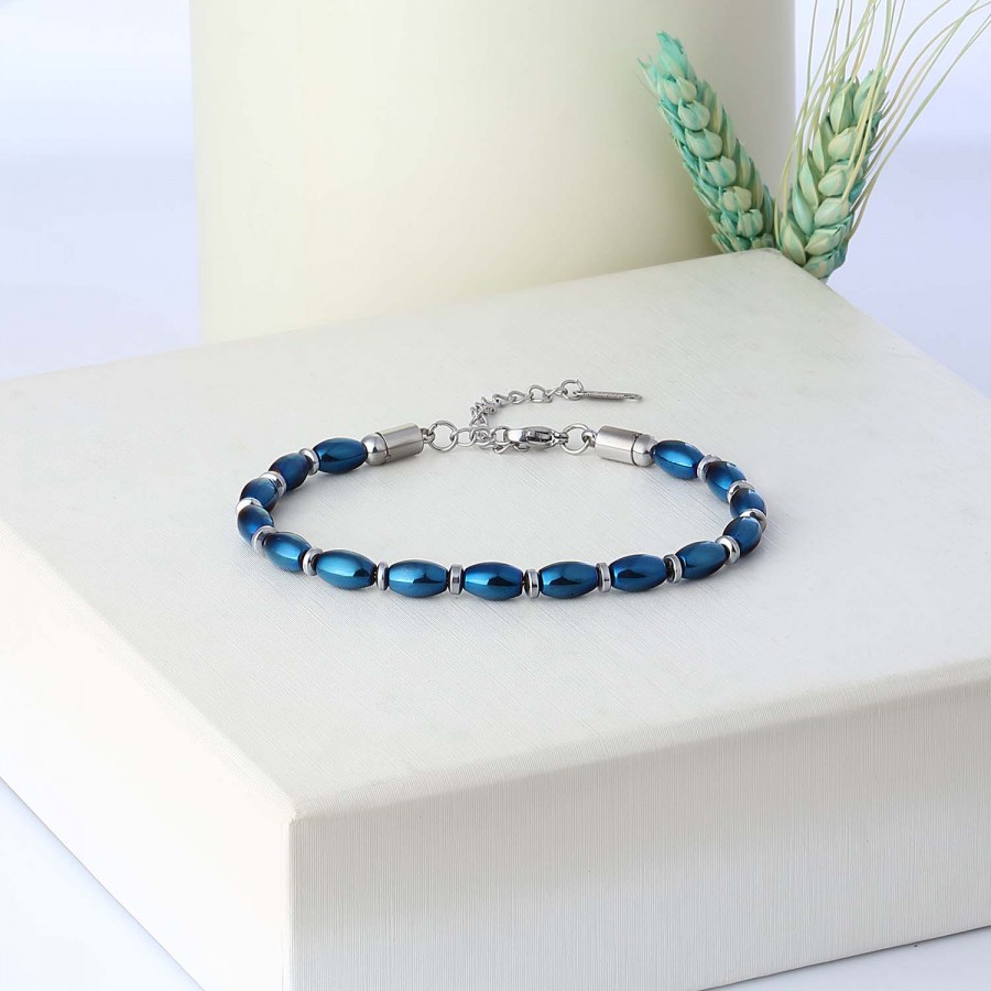 Arpa Kesim Mavi Ve Gümüş Hematit Doğal Taşlı Ayarlanabilir Çelik Zincir Bileklik