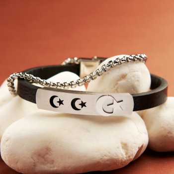 Ay Yıldız Çoklu Hakiki Deri Ve Çelik Bileklik