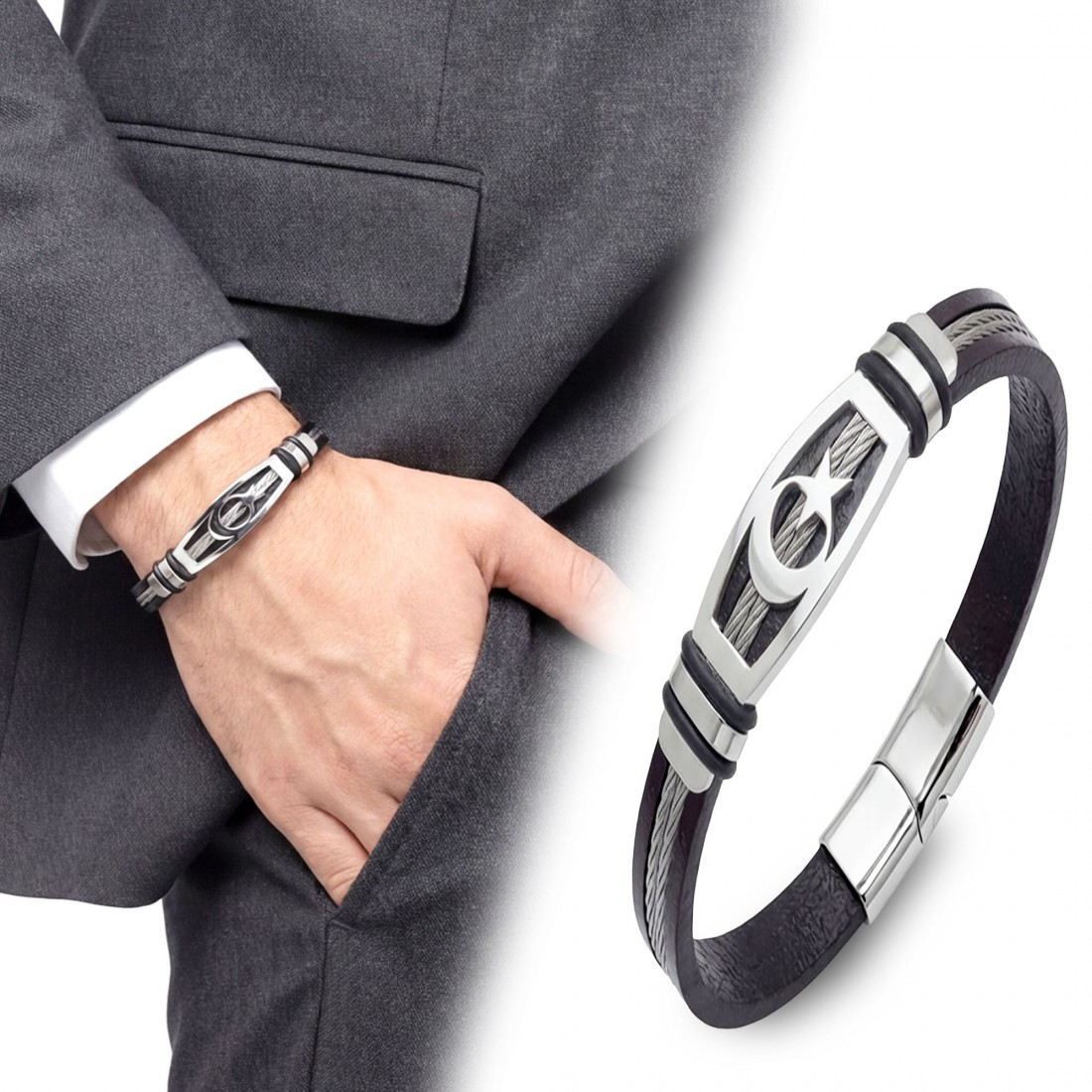 Ay Yıldız Deri Kordonlu Çelik Halatlı Erkek Bileklik