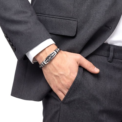 Ay Yıldız Deri Kordonlu Çelik Halatlı Erkek Bileklik