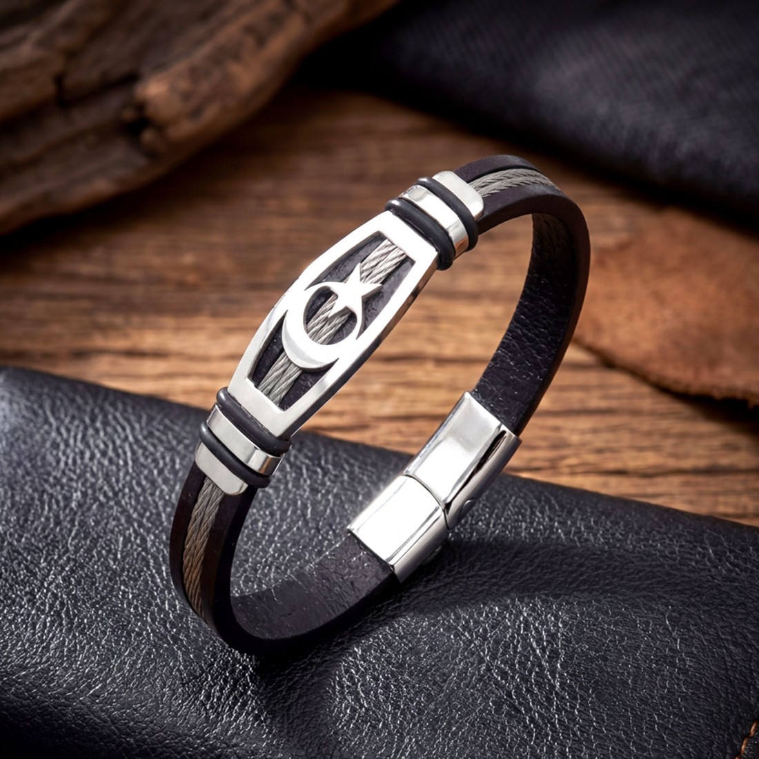 Ay Yıldız Deri Kordonlu Çelik Halatlı Erkek Bileklik