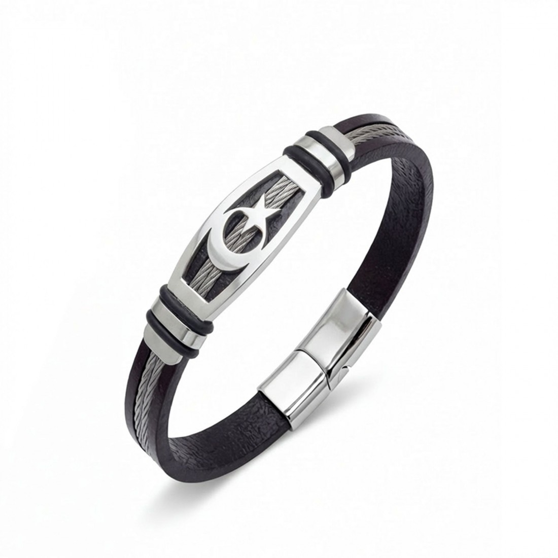 Ay Yıldız Deri Kordonlu Çelik Halatlı Erkek Bileklik