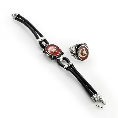 Ay Yıldız Deri Kordonlu Mineli Bileklik Ve Yüzük