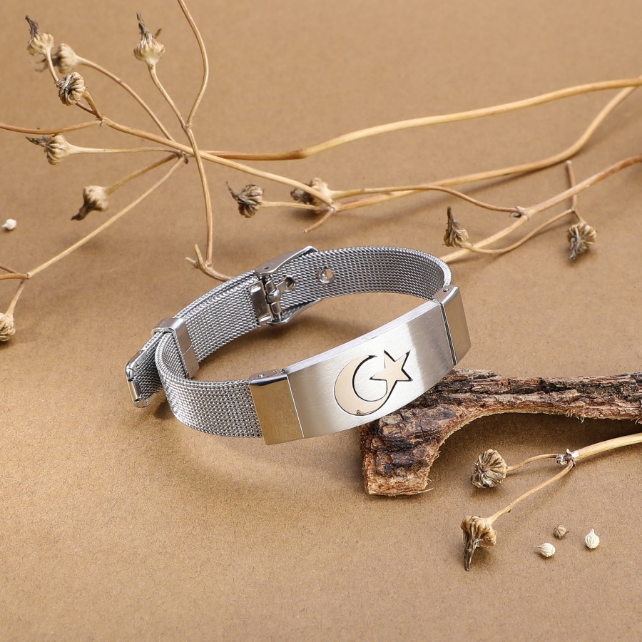 Toptan Ay Yıldız İşlemeli 316L Ayar Çelik Hasır Kordonlu Bileklik Fiyatları