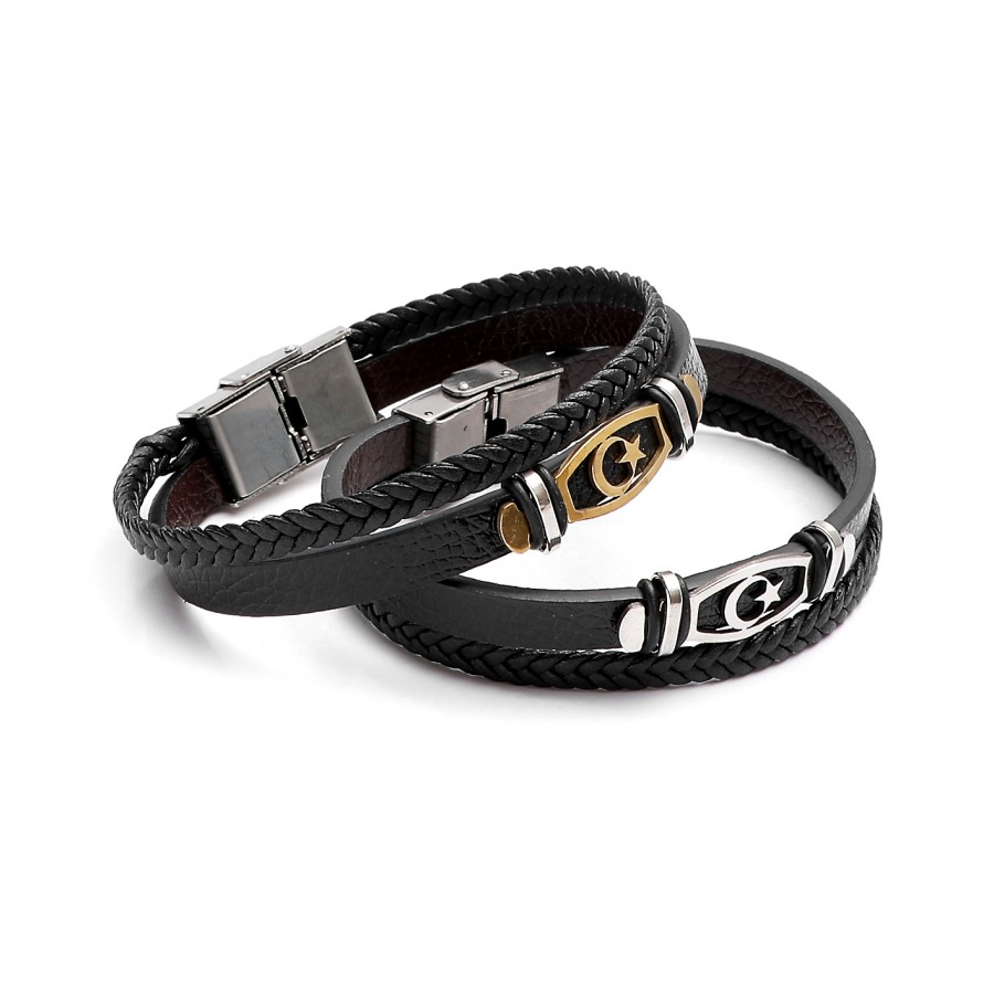 Toptan Ay Yıldız Tük Bayrağı Salaç Çelik  Deri Bileklik Fiyatları