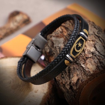 Ay Yıldız Tük Bayrağı Salaç Çelik  Deri Bileklik