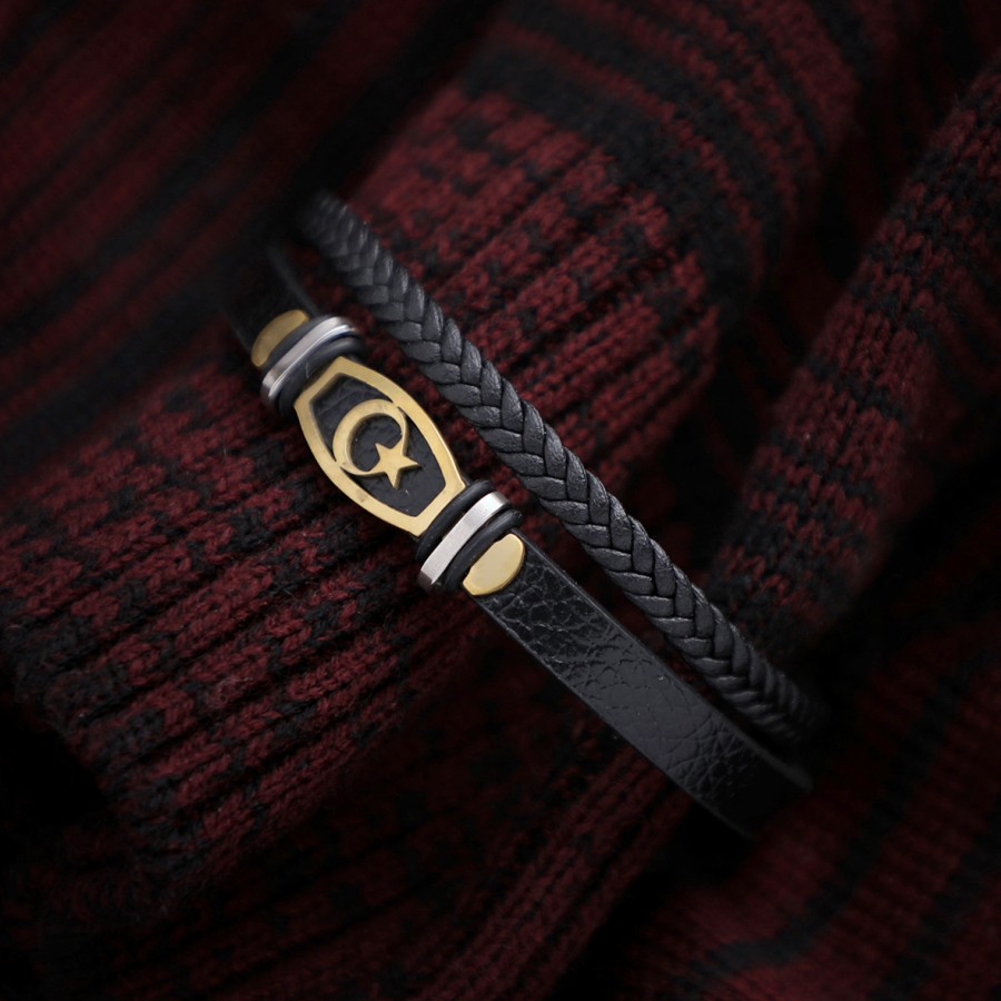 Toptan Ay Yıldız Tük Bayrağı Salaç Çelik  Deri Bileklik Fiyatları