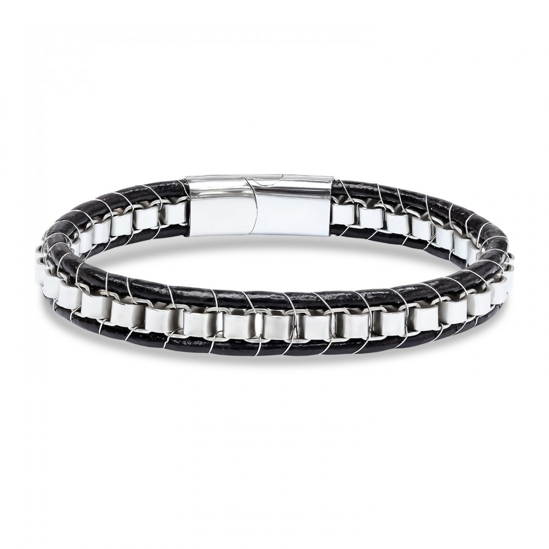 siyah örgü deri ve gümüş renkli çelik şeritlerden oluşan erkek bilekliği