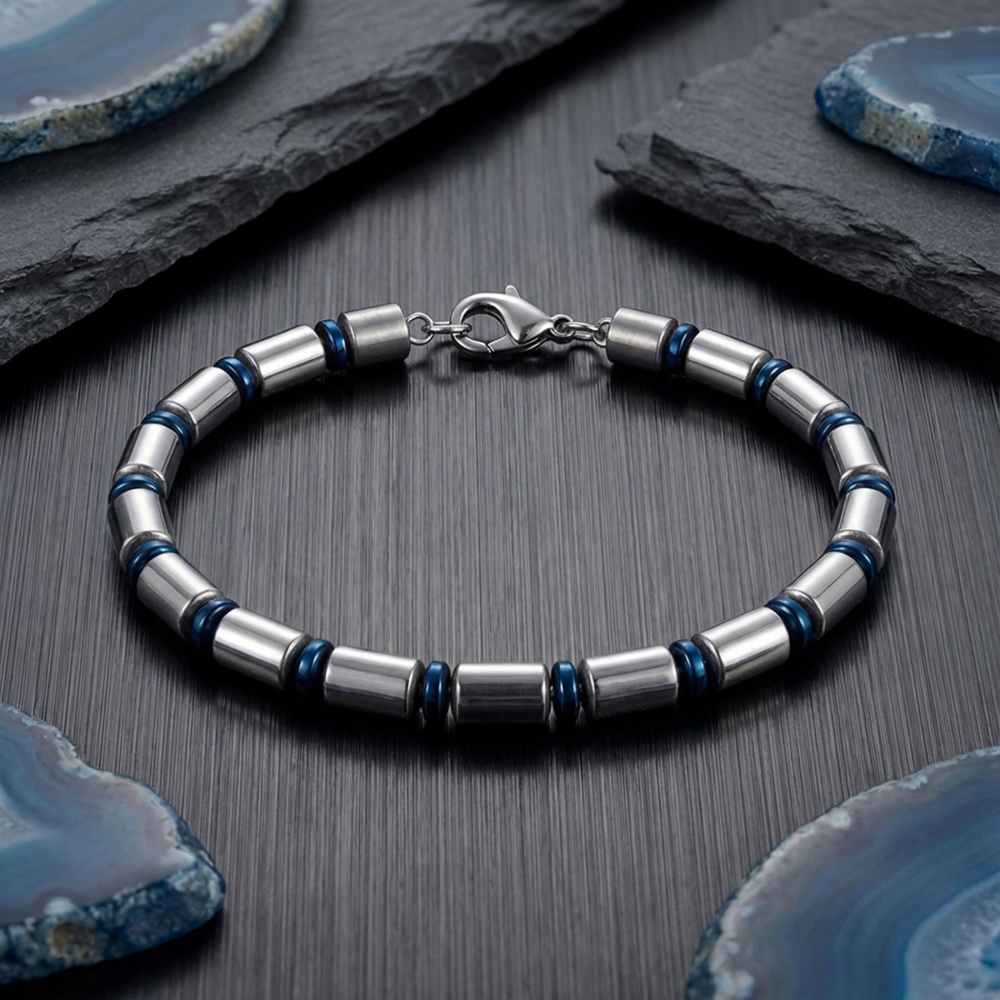 Boru Gümüş Renk Hematit Ayaranabilir Çelik Zincir Bileklik