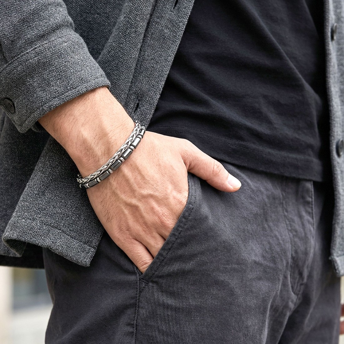 Boru Kesim Hematit Ve Çelik Zincir Bileklik