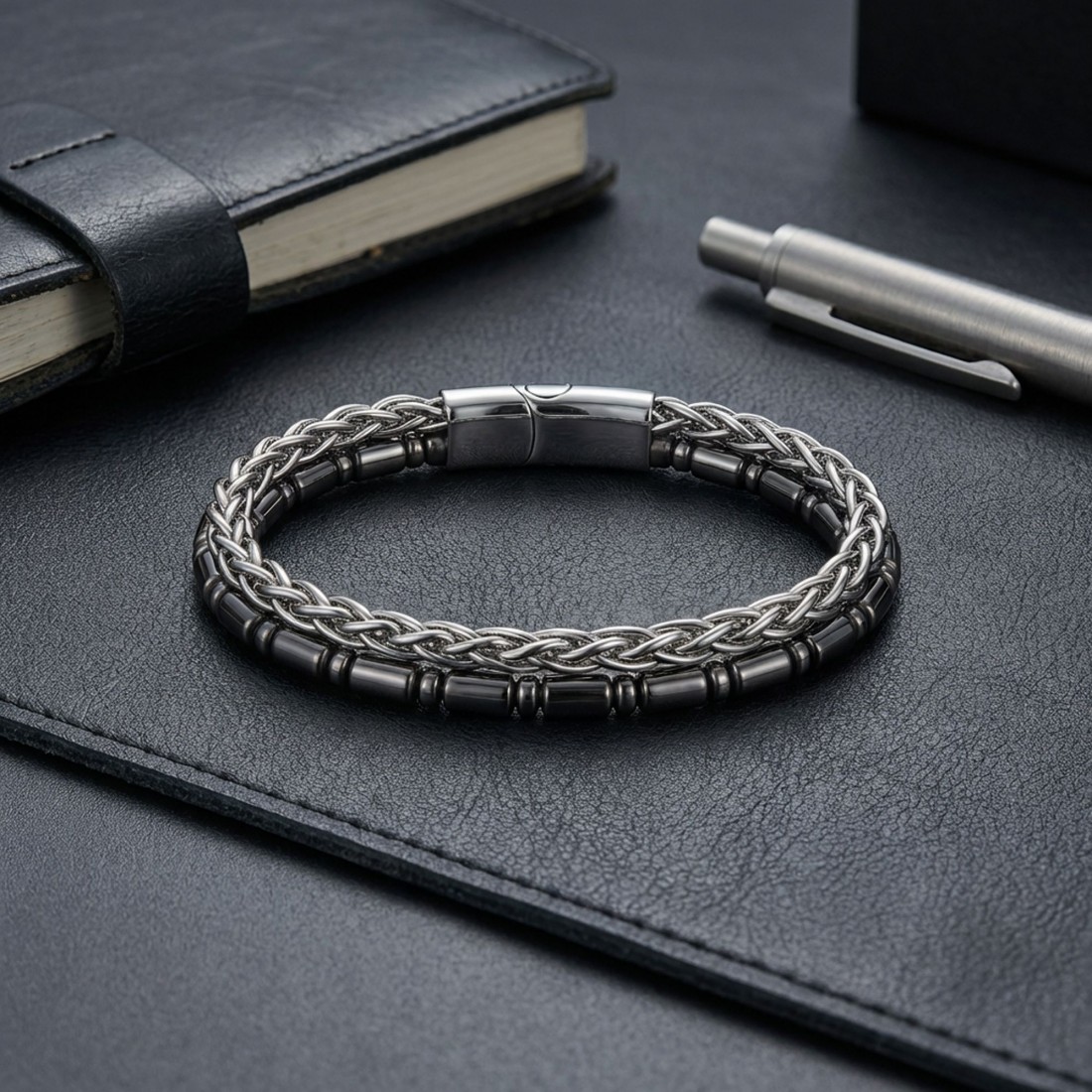 Boru Kesim Hematit Ve Çelik Zincir Bileklik