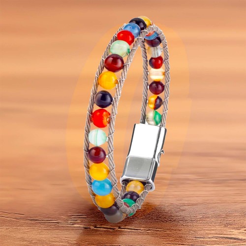 Çakra Akik Doğaltaş Ve Çelik Halat Örme Bileklik