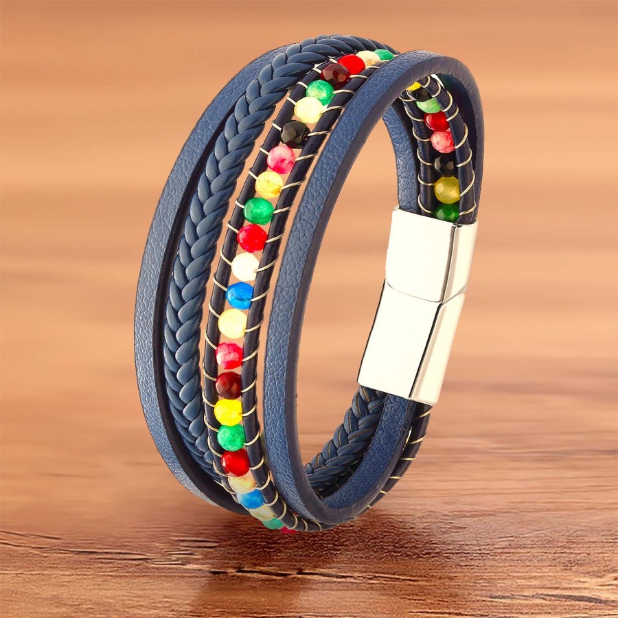 Çakra Doğaltaş Ve Mavi Deri Çoklu Bileklik