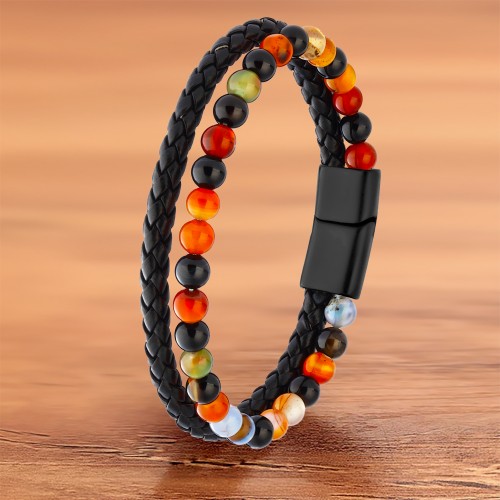 Çakra Karışık Akik Doğaltaş Deri Erkek Bileklik