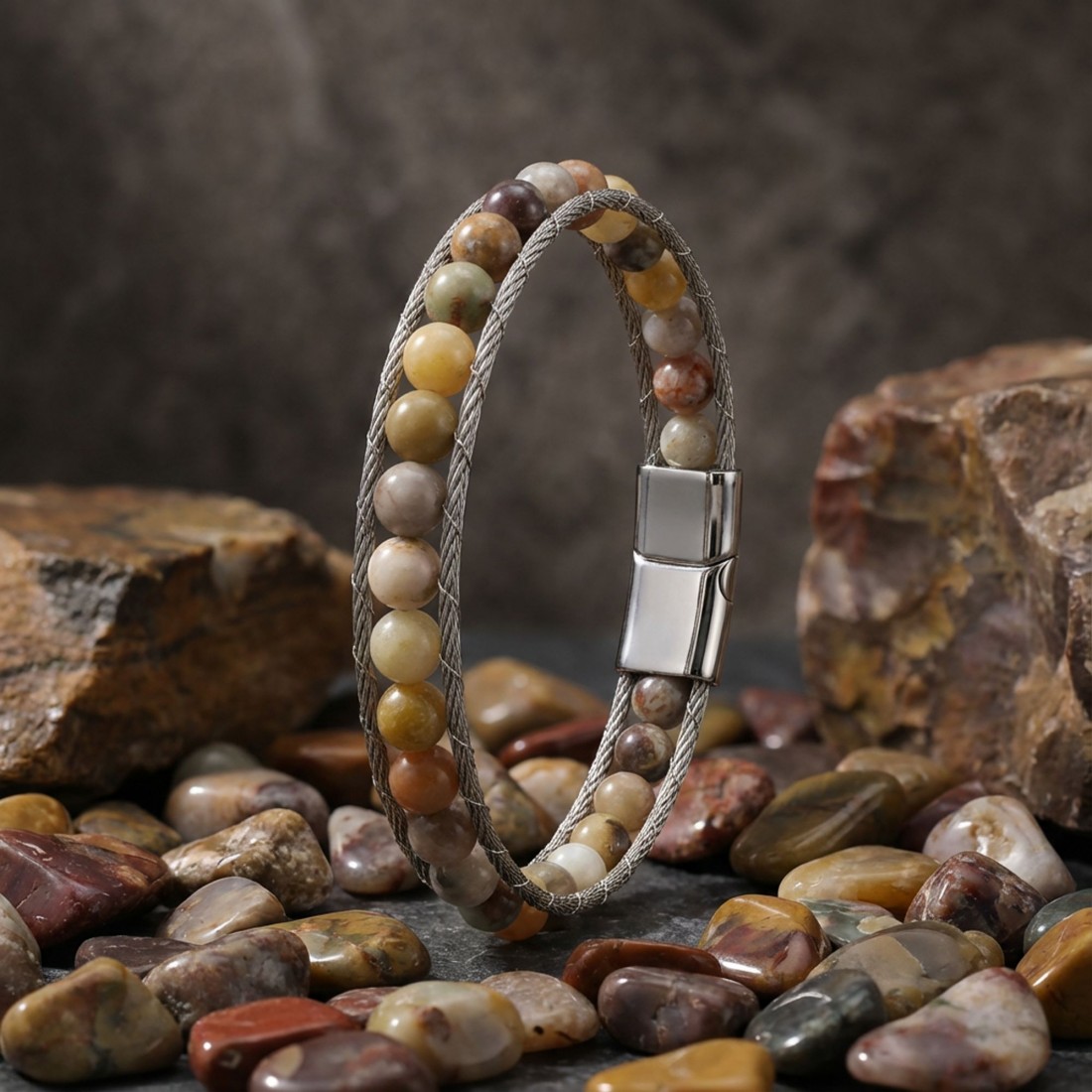 Çelik Halat Ve Yemen Akik Doğaltaş Bileklik