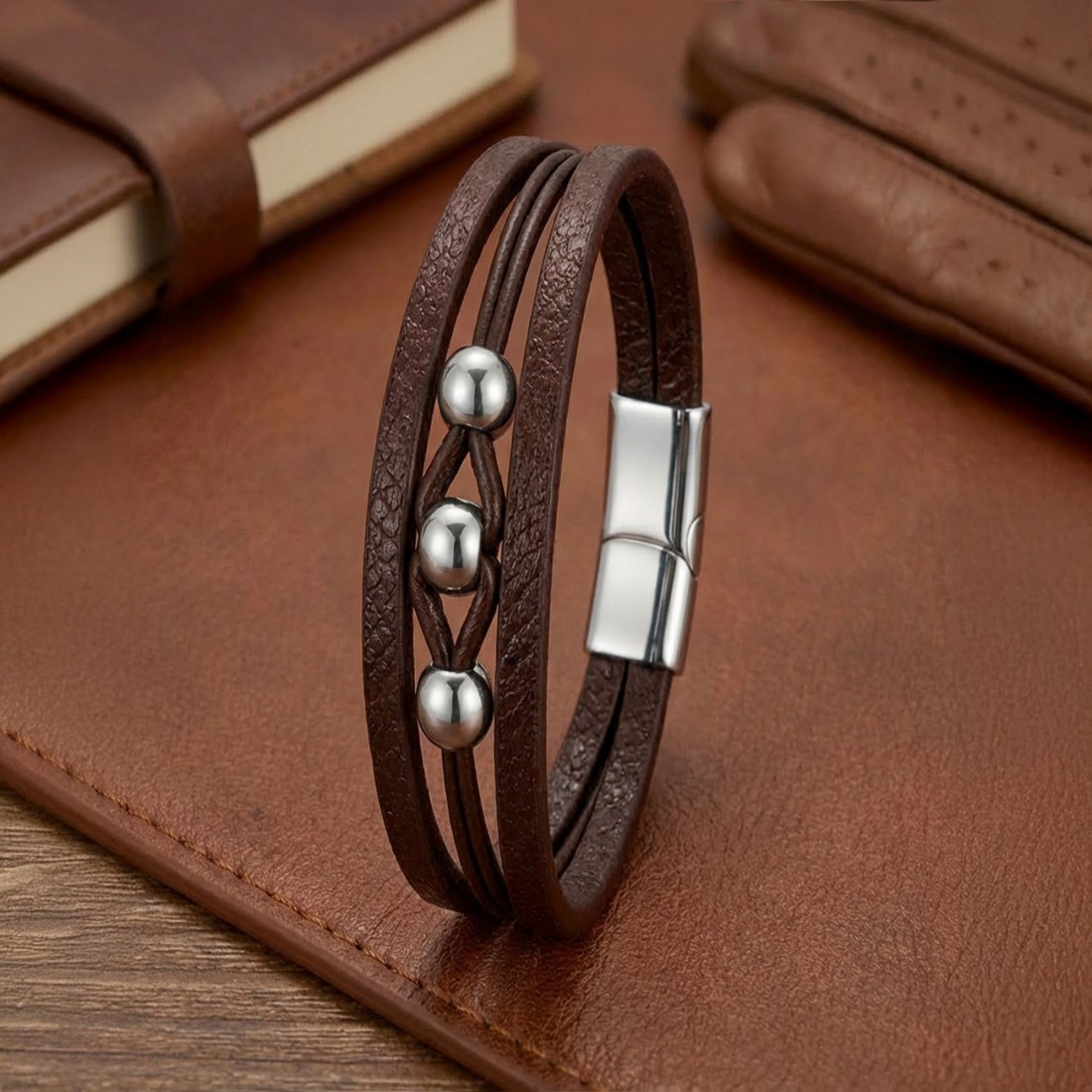 Çelik Top Ve Kahve Deri Bileklik