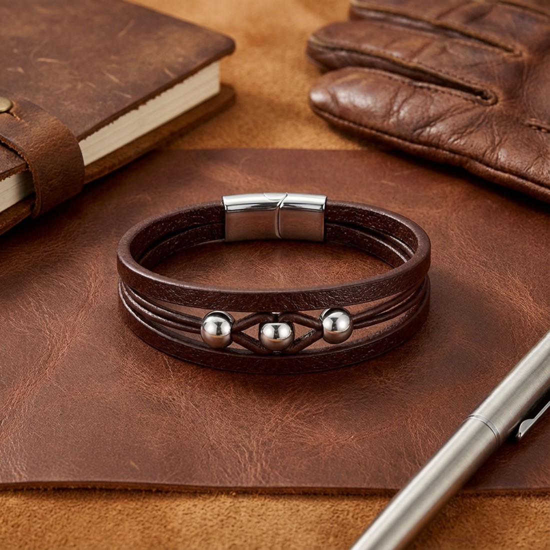 Çelik Top Ve Kahve Deri Bileklik