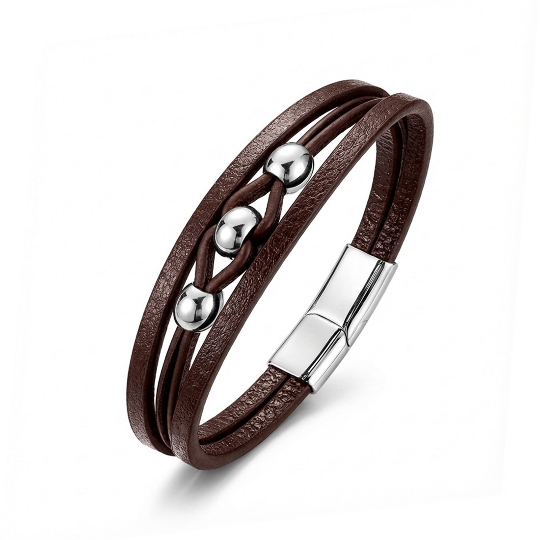 Çelik Top Ve Kahve Deri Bileklik