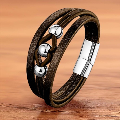 Çelik Top Ve Kahve Deri Bileklik