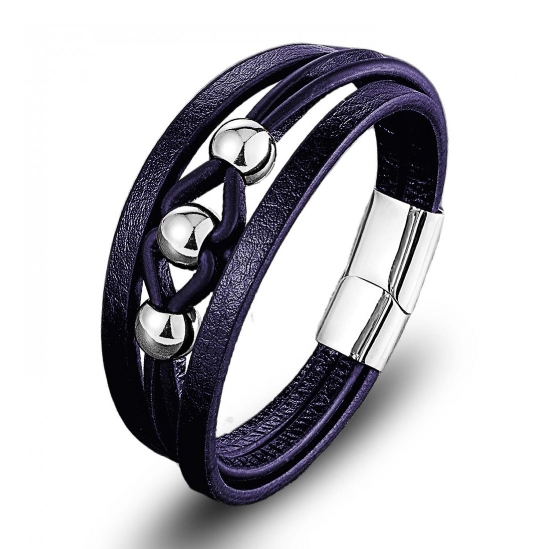 Çelik Top Ve Lacivert Deri Bileklik