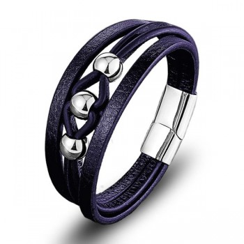Çelik Top Ve Lacivert Deri Bileklik