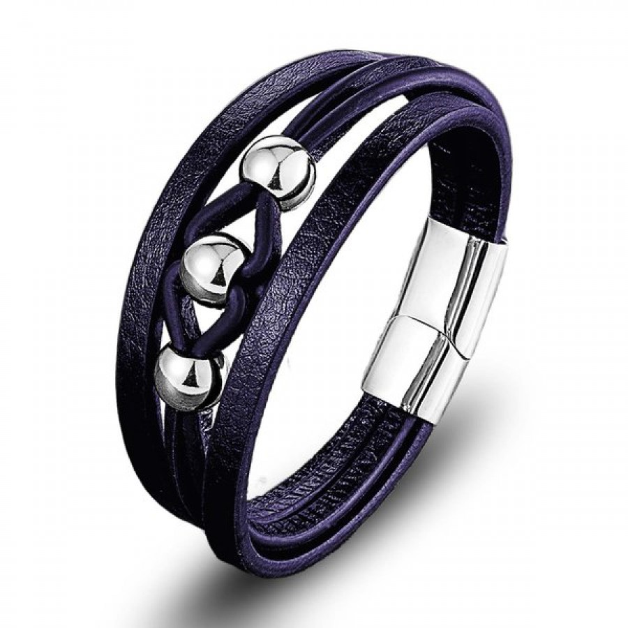 Çelik Top Ve Lacivert Deri Bileklik