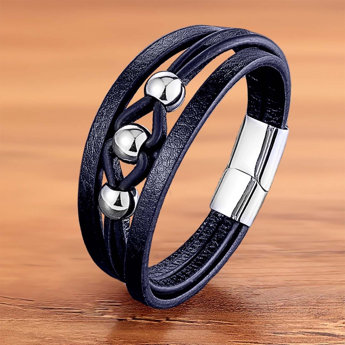 Çelik Top Ve Lacivert Deri Bileklik