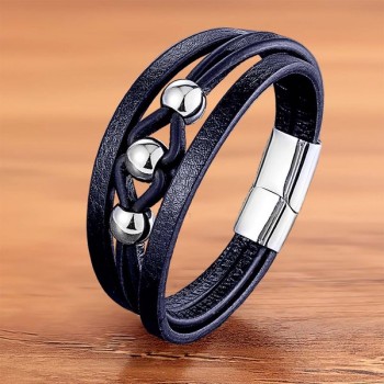 Çelik Top Ve Lacivert Deri Bileklik