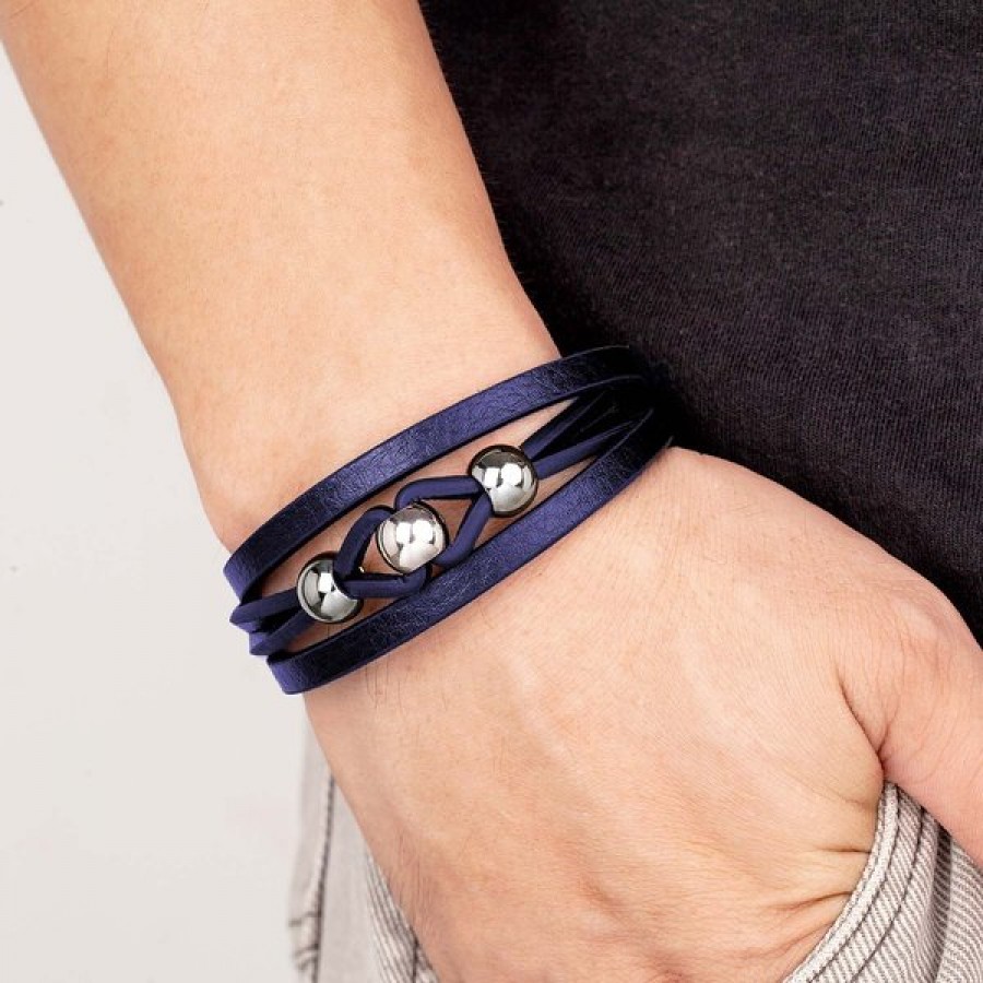 Çelik Top Ve Lacivert Deri Bileklik