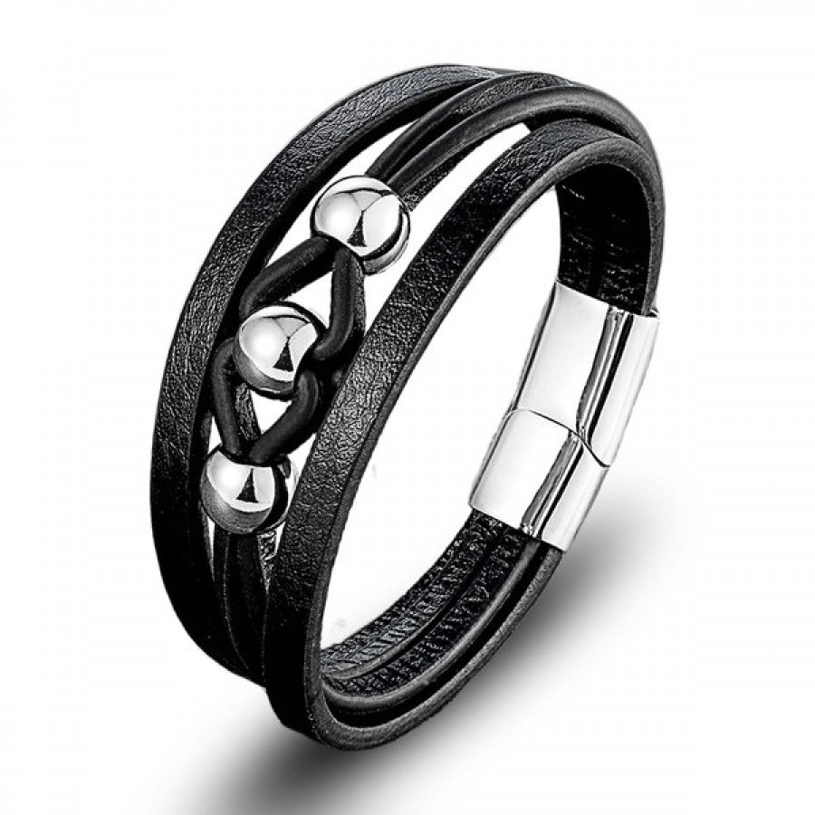 Çelik Top Ve Siyah Deri Bileklik