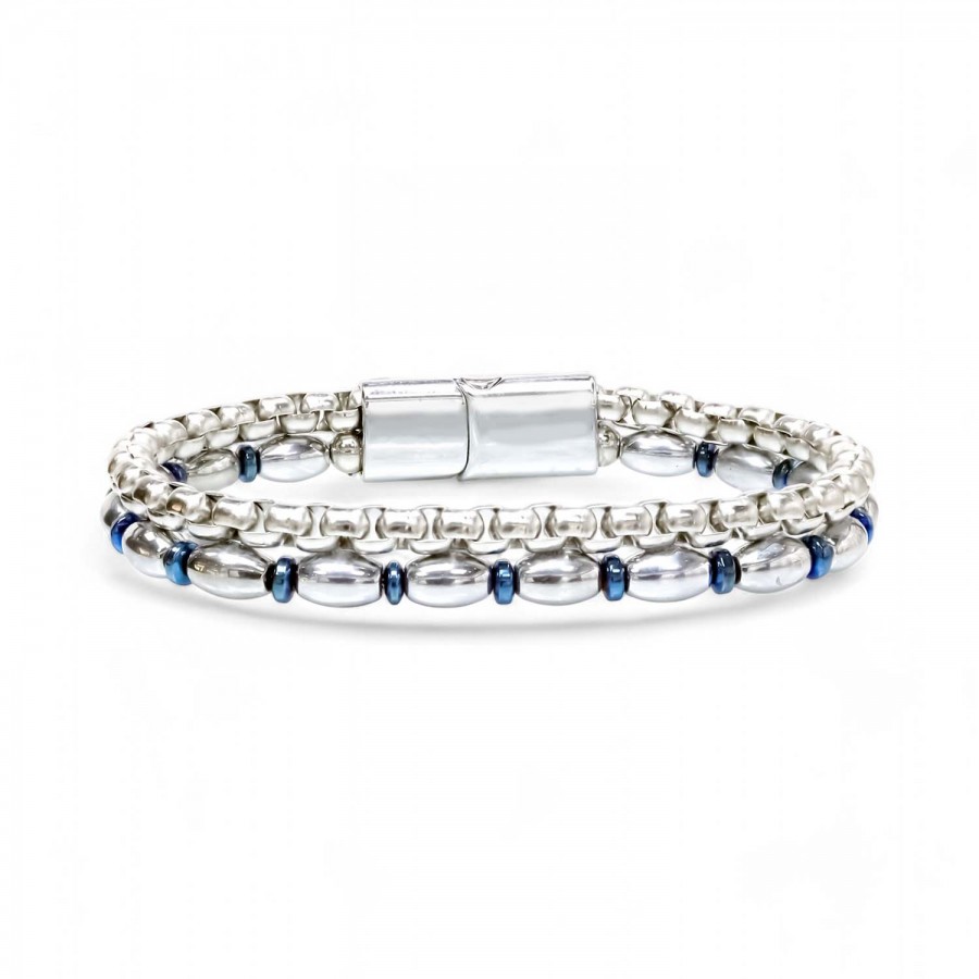 Çelik Zincirli Gümüş Arpa Ve Mavi Hematit Bileklik