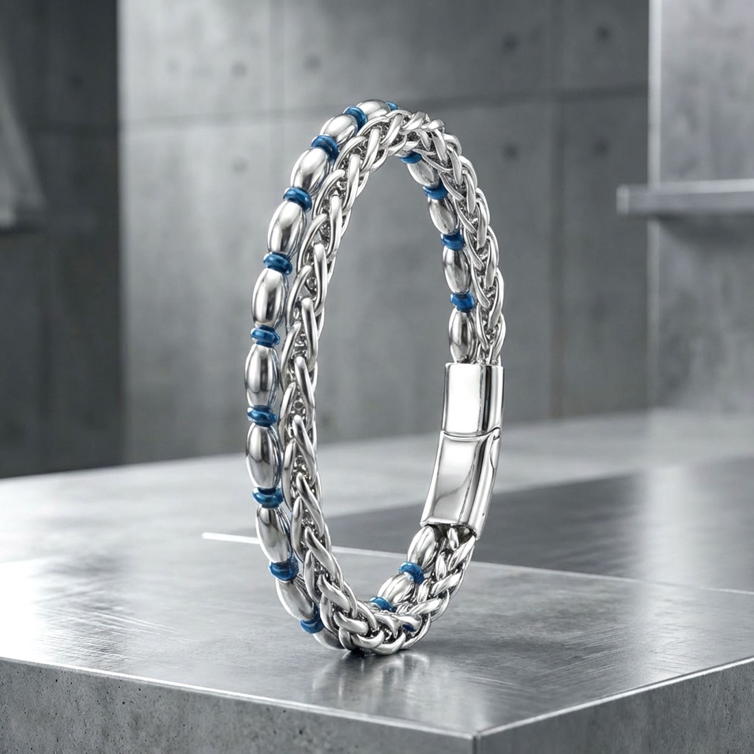 Çelik Zincirli Gümüş Arpa Ve Mavi Hematit Bileklik