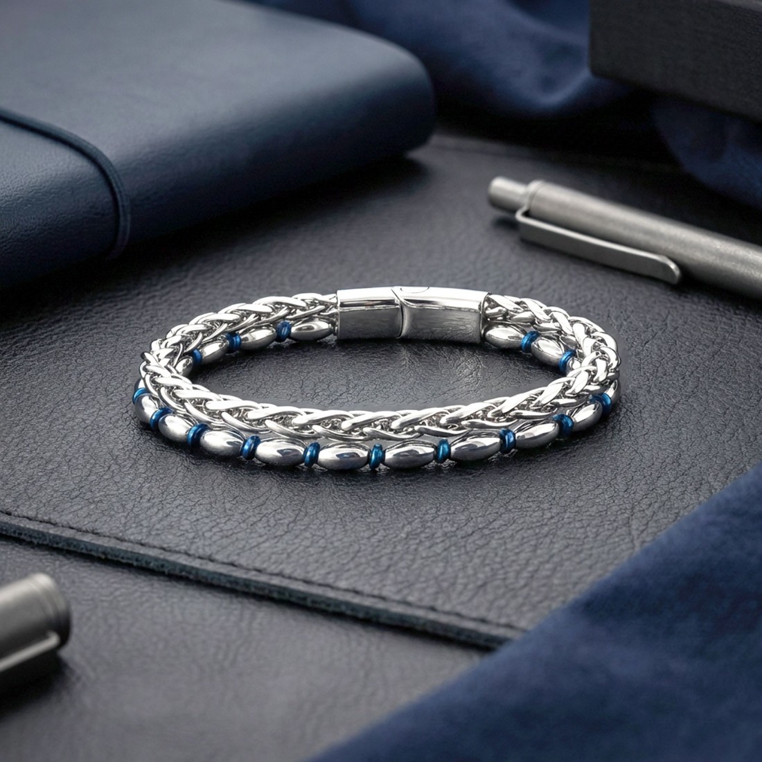 Çelik Zincirli Gümüş Arpa Ve Mavi Hematit Bileklik