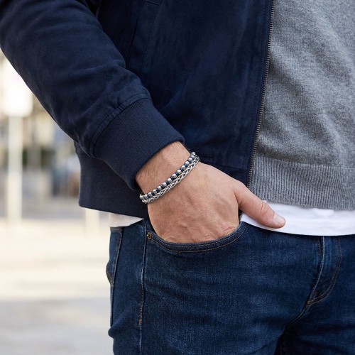Çelik Zincirli Gümüş Ve Mavi Hematit Bileklik