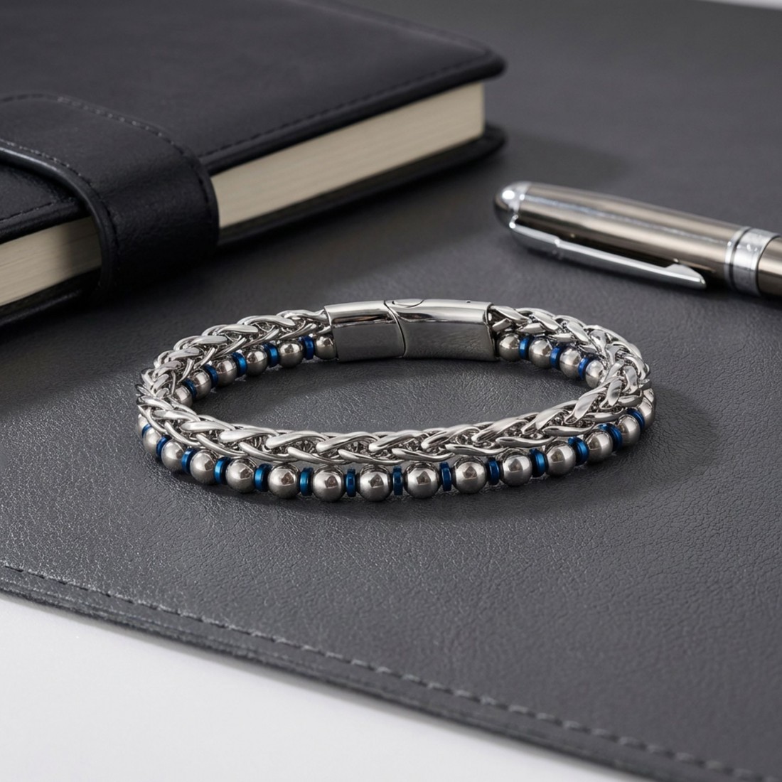 Çelik Zincirli Gümüş Ve Mavi Hematit Bileklik