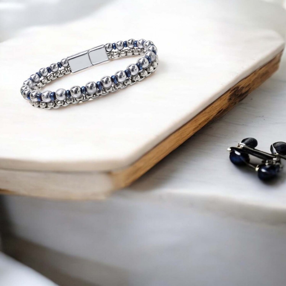 Çelik Zincirli Gümüş Ve Mavi Hematit Bileklik