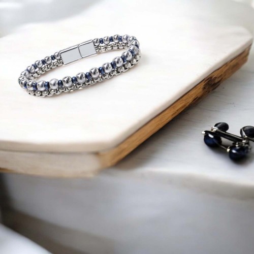 Çelik Zincirli Gümüş Ve Mavi Hematit Bileklik