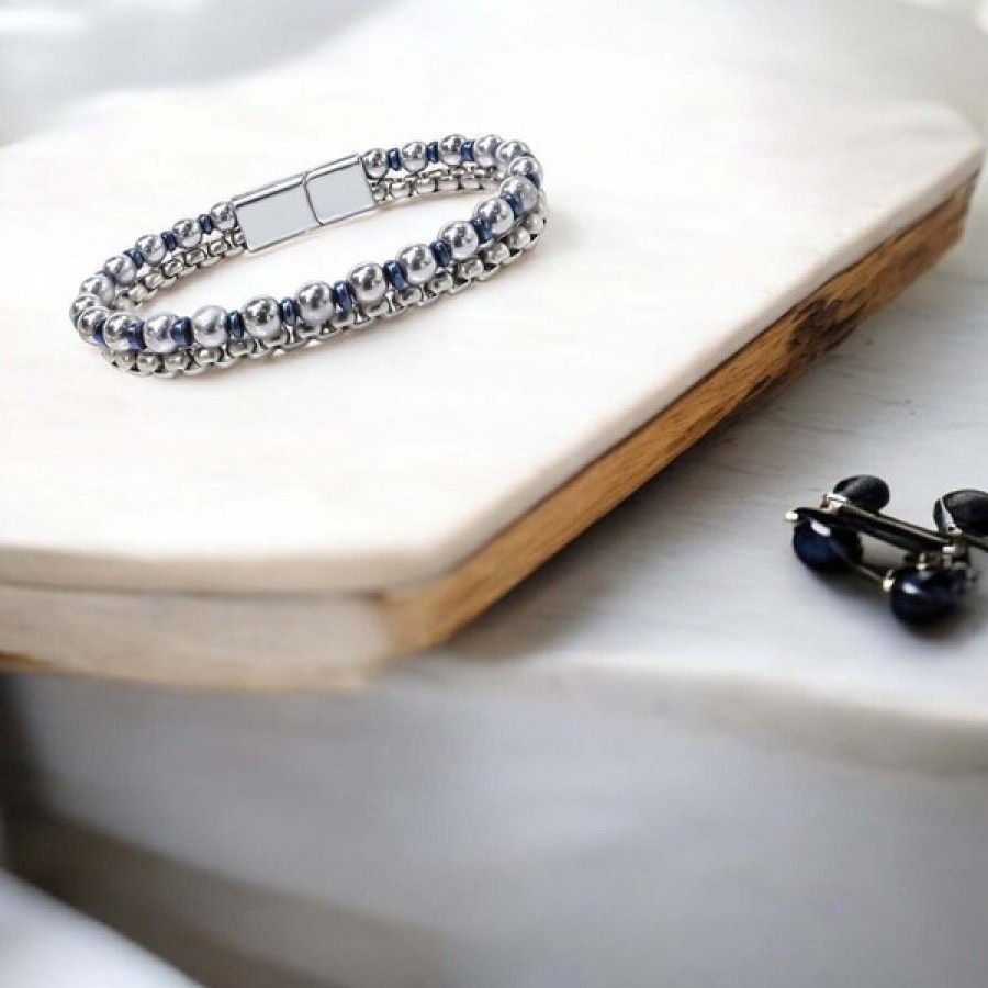 Çelik Zincirli Gümüş Ve Mavi Hematit Bileklik