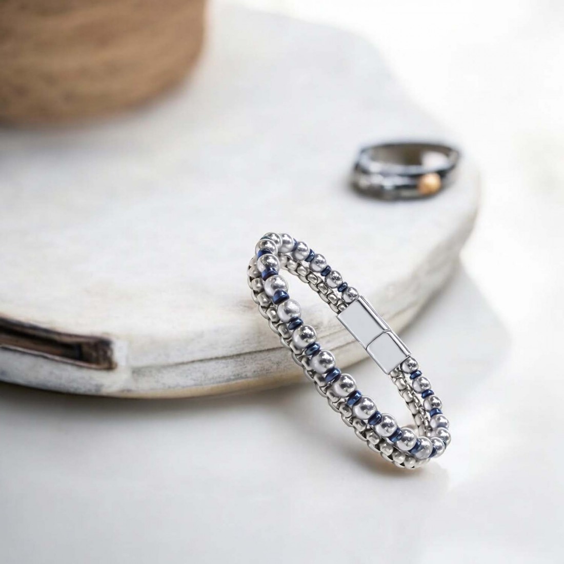 Çelik Zincirli Gümüş Ve Mavi Hematit Bileklik