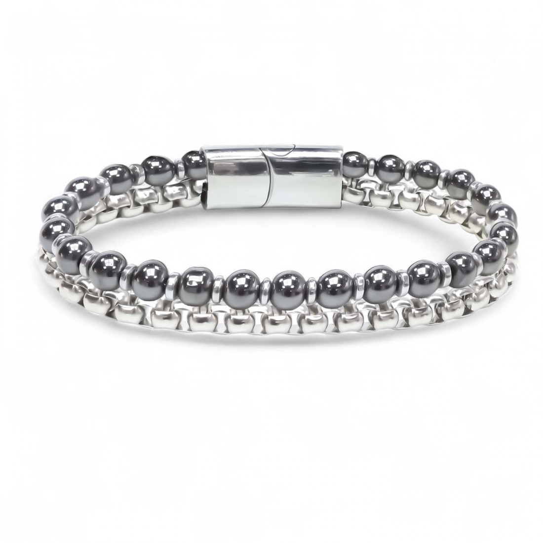 Çelik Zincirli Hematit Ve Silver Hematit Bileklik