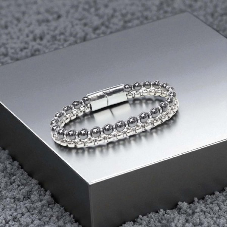 Çelik Zincirli Hematit Ve Silver Hematit Bileklik