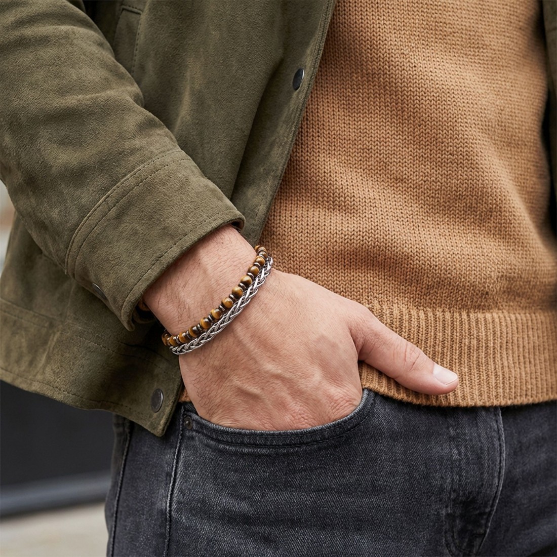 Çelik Zincirli Kaplan Gözü Ve Hematit Bileklik