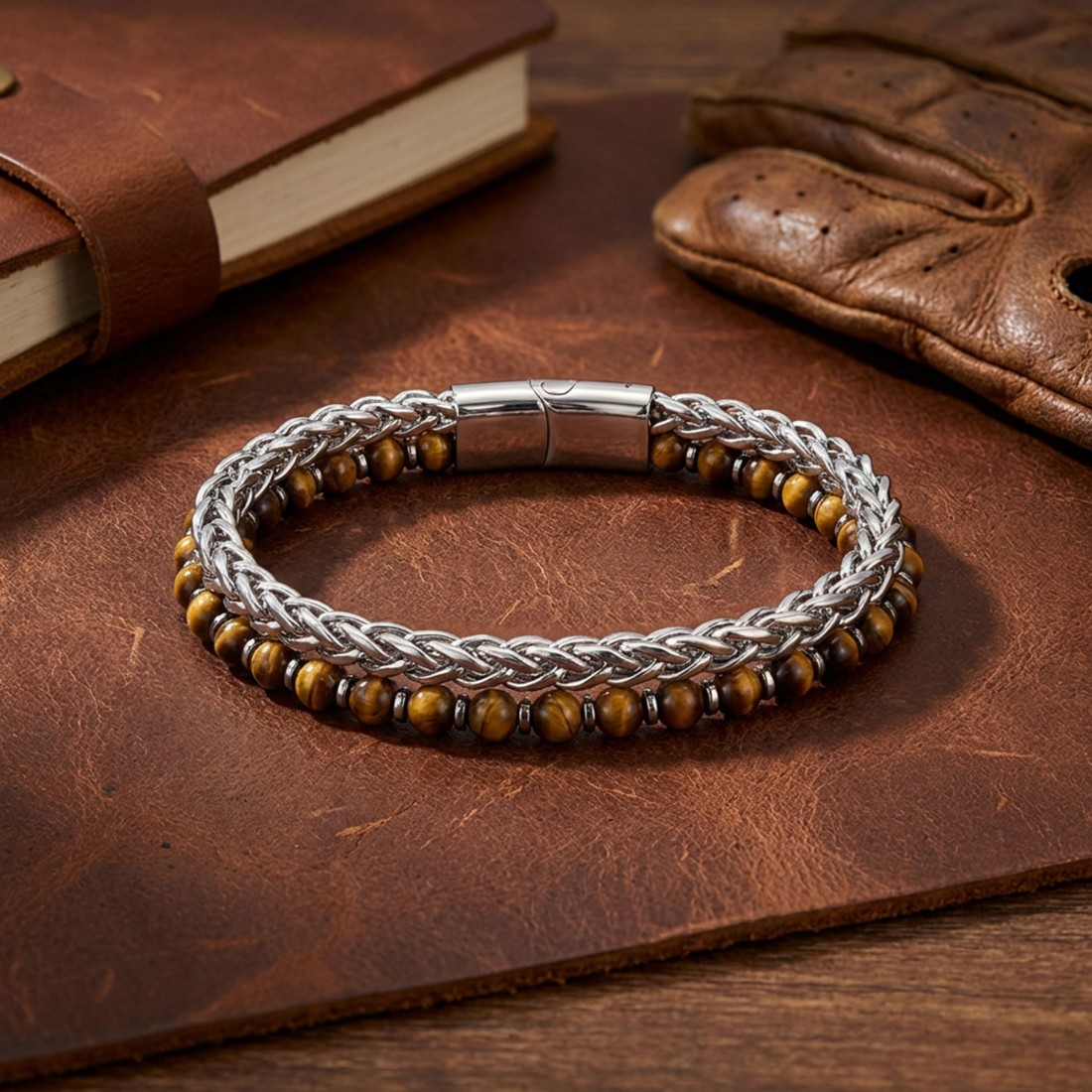 Çelik Zincirli Kaplan Gözü Ve Hematit Bileklik