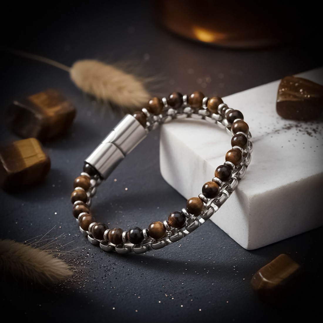 Çelik Zincirli Kaplan Gözü Ve Hematit Bileklik