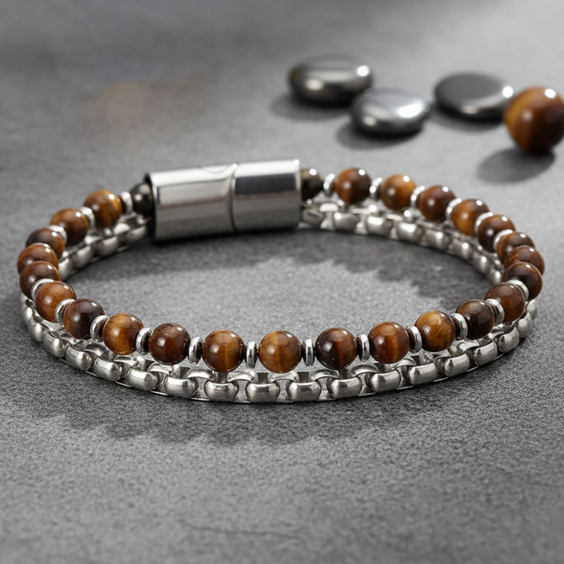 Çelik Zincirli Kaplan Gözü Ve Hematit Bileklik