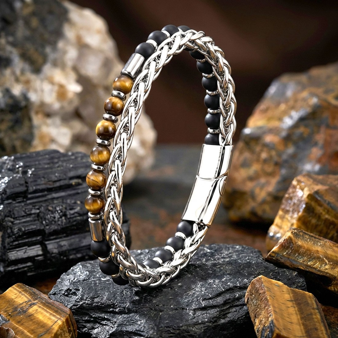 Çelik Zincirli Kaplan Gözü Ve Mat Oniks-Hematit Bileklik