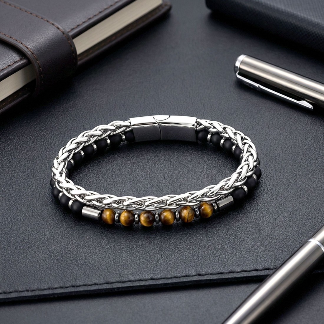 Çelik Zincirli Kaplan Gözü Ve Mat Oniks-Hematit Bileklik
